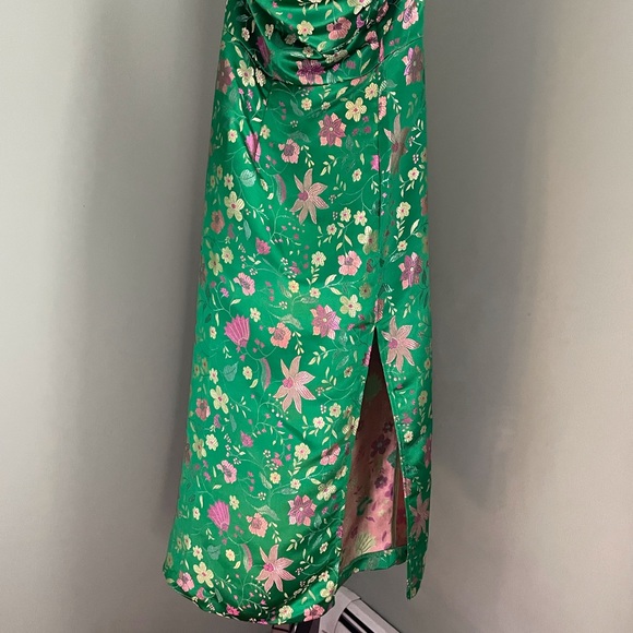 Lulus Green Satin Floral Strapless Midi Dress - Picture 2 of 5